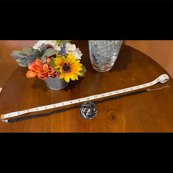 Stylish Murano Style Glass Black and Silver Swirled Pendant on Rope Necklace - Picture 3 of 5